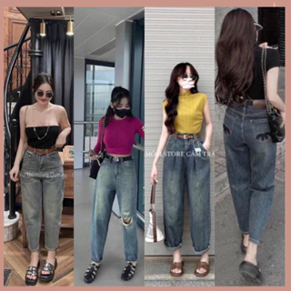 Quần vải bò jean baggy denim cạp cao ống rộng suông xuông nữ