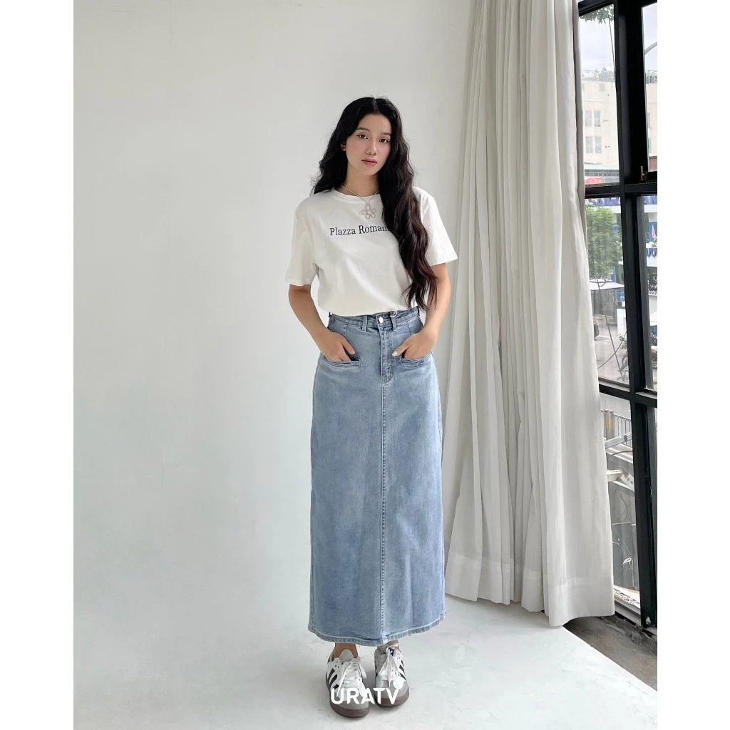 Chân váy jeans midi túi mổ xẻ sau co giãn lưng cao URATV