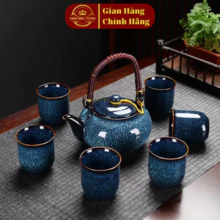 Bộ Ấm Chén Men Hỏa Biến Gốm Sứ Cao Cấp - Kèm Hộp Quà + Túi Xách Sang Trọng Thích Hợp Mang Đi Biếu Tặng