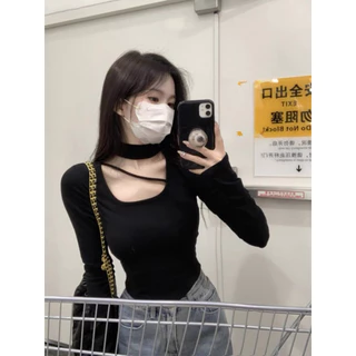 Áo kiểu thun ngắn croptop tay dài cổ lọ phối dây đính siêu cute