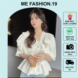 Áo sơ mi kiểu cổ bèo lệch babydoll dáng rộng tay bồng chất xốp nhăn phong cách Hàn Quốc - me fashion