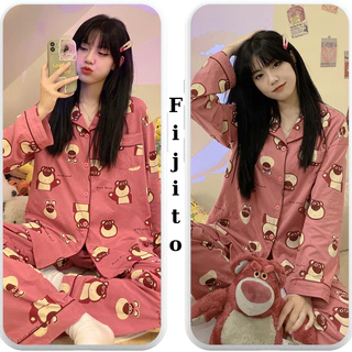 Đồ ngủ nữ pijama dài tay in hình gấu dâu siêu dễ thương hàng Quảng Châu cao cấp FIJITO