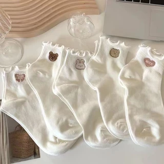 Tất cổ ngắn nữ họa tiết dễ thương, set 5 đôi tất vớ chất vải cotton giữ ấm mùa đông