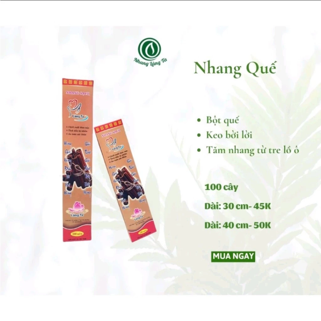 Nhang Hương Quế Làng Ta 100 nén dài 30cm và 40cm - NHANG SẠCH không hoá chất, không cuốn tàn, ít khói, an toàn sức khỏe