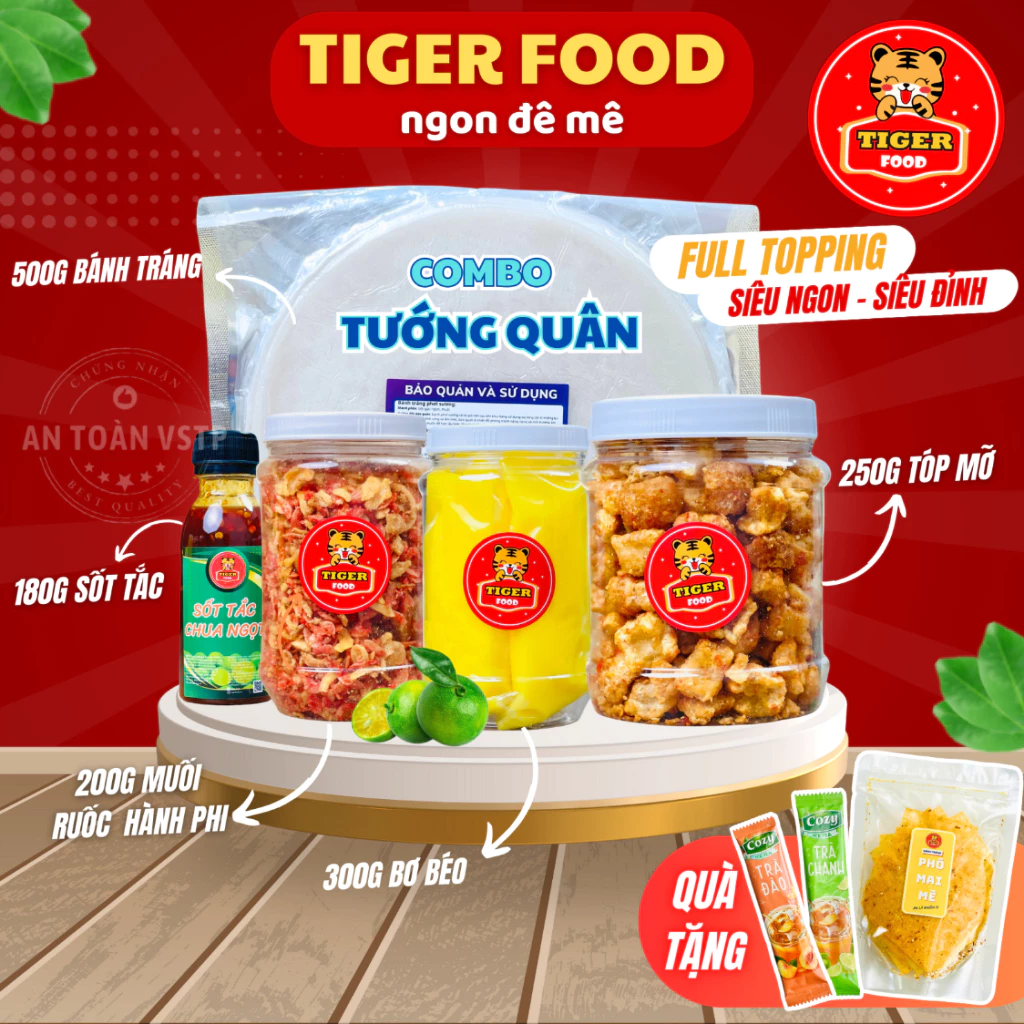 COMBO Bánh tráng phơi sương Siêu To Khổng Lồ TIGER FOOD  nhiều topping muối ruốc hành phi - tóp mỡ - bơ béo - sốt tắc
