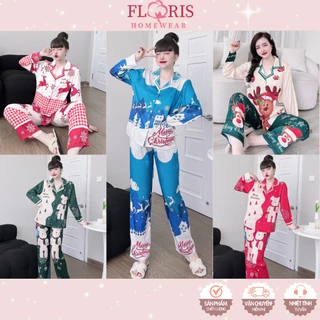 Đồ bộ nữ pijama mặc nhà lụa xước mềm mịn thiết kế tay dài in hoa văn sang trọng