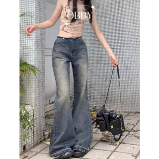 Quần Jeans Dài Lưng Thấp Ống Loe Tua Rua Phong Cách Retro Mỹ