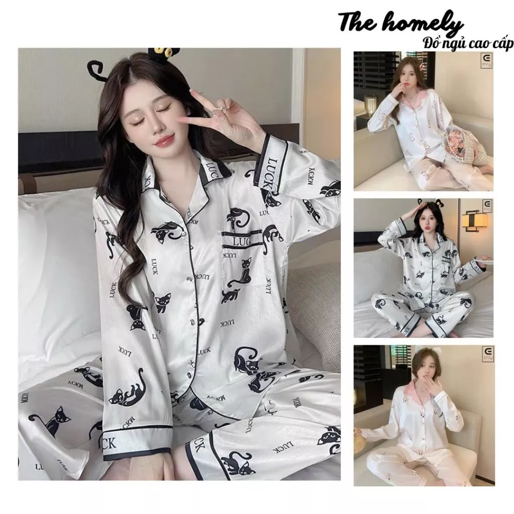 Bộ ngủ lụa xước vân Quảng Châu, bộ đồ mặc nhà nữ dễ thương mềm mát BN32