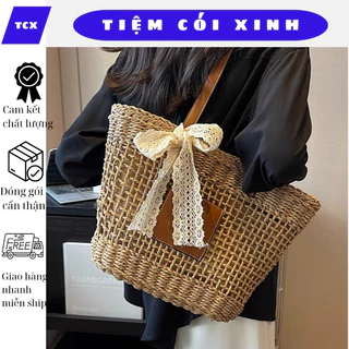 Túi cói đan lưới thưa đeo vai đi biển dây da TIỆM CÓI XINH phong cách vintage