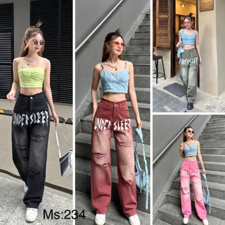 Quần ống suông nữ MIN CLOSET quần jean rách gối basic cạp lưng cao phối chữ 4 màu size S M L cá tính 234