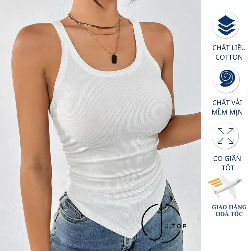 Áo thun tăm 2 dây cổ U dáng dài JU.TOP áo 2 dây ôm body Áo croptop hai dây form basic J008