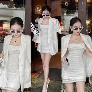 Set Đầm Ren Lưới 2 Dây Phối Áo Khoác Vest Blazer Tone Trắng Tôn Dáng Thiết Kế Sang Chảnh Công Sở, Dự Tiệc Thanh Lịch