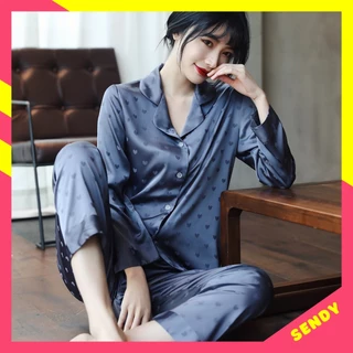 Đồ Bộ Nữ - Đồ Mặc Nhà Dài Tay Vải Lụa Pijama Cao Cấp Màu Trơn Xanh Than và Hồng In Họa Tiết Tim DDLP09