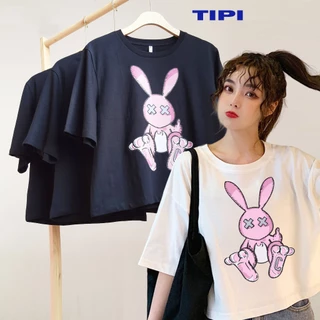 Áo phông croptop nữ tay ngắn cổ tròn vải thun 100% cotton, in hình Bad Rabbit, thoảng mát phong cách trẻ trung