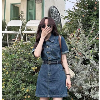 Đầm Váy Jean Sơ Mi Nữ Tay Ngắn Dáng Chữ Ngắn PHối Dây Thắt Lưng Eo Vintage Nhẹ Nhàng Sang Chảnh Cá Tính Hot Trendy