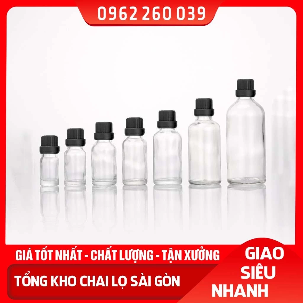 Chai Thủy Tinh TRONG Nắp Vặn ĐEN DẸT Nhỏ Giọt 5ml 10ml 15ml 20ml 30ml 50ml 100ml Chiết Tinh Dầu