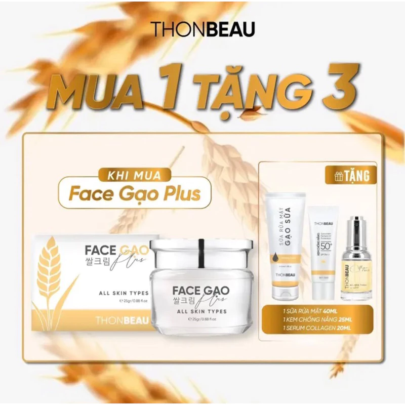 Kem Face Gạo Plus 25gr [Tặng Tinh Chất Yến Tươi 20ml + Sửa Rửa Mặt 40ml + Chống Nắng 15ml ]