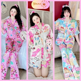 (BIGSIZE 45-70kg) Đồ Pijama Cổ V viền lé Tay Dơi Quần Dài nút đính đá, Bộ ngủ mặc nhà Lụa Xước Ánh Kim Thiết Kế Đẹp Xinh