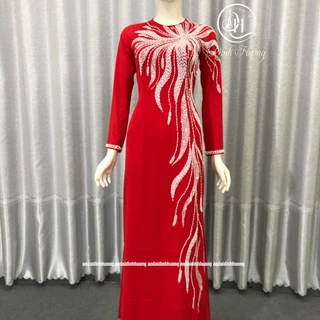 Áo dài trung niên Đinh Hương vải chiffon đỏ 4 tà đính kết họa tiết tia trắng