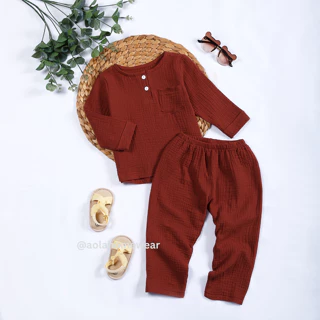 Pijama bé trai dài tay mặc ngủ xô muslin cổ trụ vạt bầu màu trơn Áo Lá Homewear A082, đồ dài tay cho bé trai