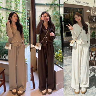 039 Set áo khoác cardigan kèm quần dài chất liệu nỉ tăm