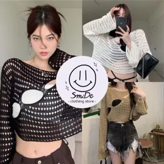 Áo Len Lưới, Áo Len Dệt Kim Croptop Tay Dài Loe Khoét Lỗ Dáng Rộng Cổ Tròn Thời Trang Nữ Hàn Quốc | Smide Clothing