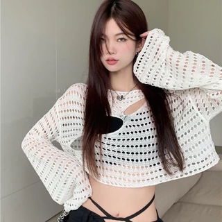 Áo Lưới Croptop, Áo Len Dệt Kim Tay Loe Khoét Lỗ Dáng Rộng Cổ Tròn Thời Trang Hàn Quốc Dành Cho Nữ | Bé Tiu Clothing