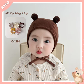 Mũ Cotton Hai Cục Bông Có Dây Buộc Siêu Yêu Hàng QC 2 Lớp Dày Dặn Cho Bé Sơ Sinh 0-12M