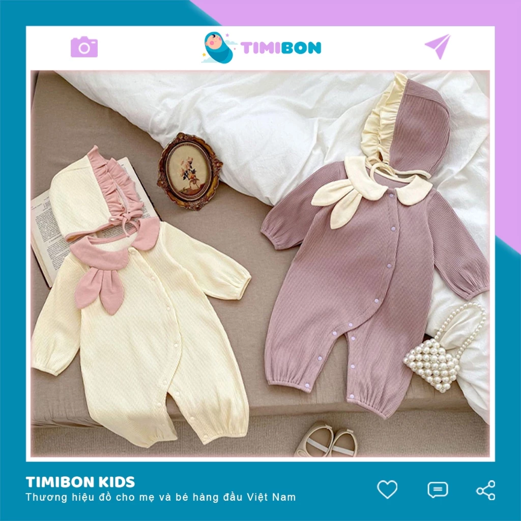 [ Tặng Kèm Mũ ] Sét Body Tiểu Thư Đầy Tháng Thôi Nôi Thun Gân Lót Bông Cổ Tai Thỏ Kèm Mũ Cho Bé Gái Dễ Thương - [BDD43]