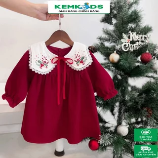 Váy bé gái thêu hoa Kem Kids vải thô màu đỏ mận yếm cổ họa tiết noel size 10-30kg