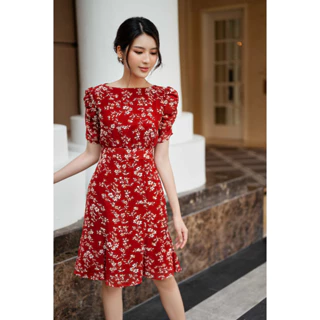 Váy Đỏ Đuôi Cá Tay Chun Lụa Voan Ly Bui DH082