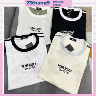 Áo phông nữ , áo thun baby tee form fit chữ FEARLESSLY,áo baby tee Phối Tay Sọc Chất Cotton khô co giãn A777 23thang9