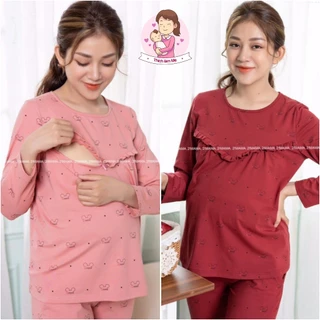 Bộ bầu sau sinh mặc nhà cho con bú, chất vải cotton mềm mịn, quần cúc chỉnh chun, áo rộng thoáng( Bộ dài gấu khóa ngang)