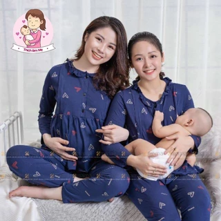 Bộ bầu sau sinh mặc nhà cho con bú, chất cotton mềm mịn, quần cúc chỉnh chun, phong cách thời trang (Bộ 3 cúc tim)