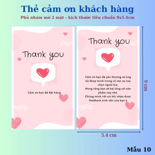 Card Cám Ơn, Card Thank You, Thiệp Cảm Ơn mẫu trái tim thiệp đứng- Size 9x5,4cm - Giấy C300 Cán Màng Mờ 2 mặt