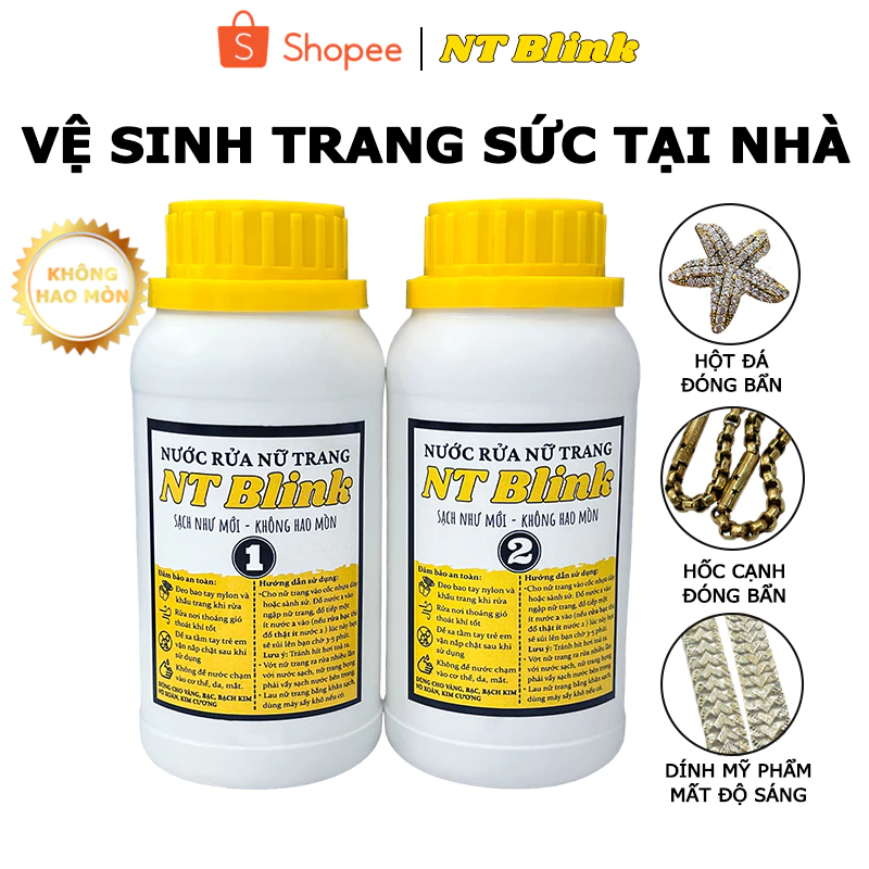 Nước rửa nữ trang NT Blink loại 450ml, chuyên dùng vệ sinh bụi bẩn trên trang sức vàng bạc bạch kim