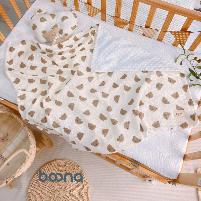 [Boona] Chăn xô hạt đậu BOONA vải muslin cao cấp kết hợp vải nhung bi ấm áp, chống ngạt cho bé trai, bé gái sơ sinh