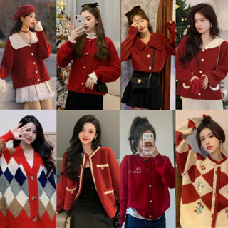 Áo Khoác Len Cardigan Nữ Màu Đỏ Giáng Sinh Noenl Tết Quảng Châu Form Dáng Rộng Dày Dặn Phong Cách Hàn Quốc Thời Trang LC