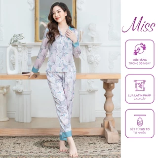 BỘ PYJAMA LỤA CAO CẤP , BỘ LỤA DÀI TAY LỤA LATIN PHÁP, ĐỒ NGỦ SANG TRỌNG THANH LỊCH - DÀI HOA KẺ XANH - DT17