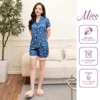 Bộ đồ ngủ lụa pyjama lụa mặc nhà kiểu dáng cộc tay quần đùi chất latin Pháp cao cấp hoạ tiết Ngôi sao - CC180