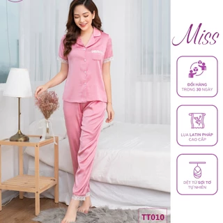 Bộ Đồ Ngủ Lụa cao cấp, Bộ Pijama lụa trơn Latin Pháp sang trọng, quyến rũ - Bộ mặc nhà lụa phối ren- Cộc Ren Hồng -TT010