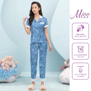 Bộ đồ ngủ nữ Pijama lụa Latin Pháp cao cấp Miss hoạ tiết Hoa cúc - CD80 - Cộc hoa cúc