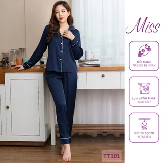 Bộ đồ ngủ lụa dài tay cao cấp, Bộ Pijama lụa trơn Latin Pháp cao cấp  - TT101 - Dài né than