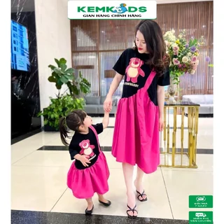 Váy đầm bé gái giả yếm Kem Kids size nhí đại in hình gấu điệu đà màu đen hồng siêu dễ thương