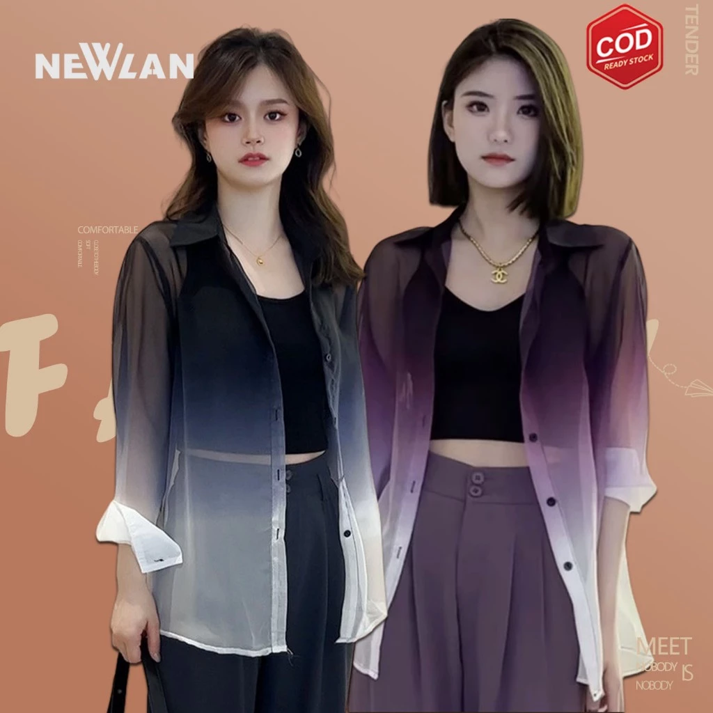 Newlan CS021 Áo Sơ Mi Chiffon Mỏng Dáng Rộng Màu Gradient Thời Trang Mùa Hè Hàng Mới Dành Cho Bạn Nữ Áo Khoác Cardigan