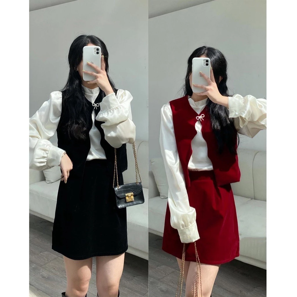 Set 3 món gile chân váy nhung kèm sơ mi lụa kèm nơ đá