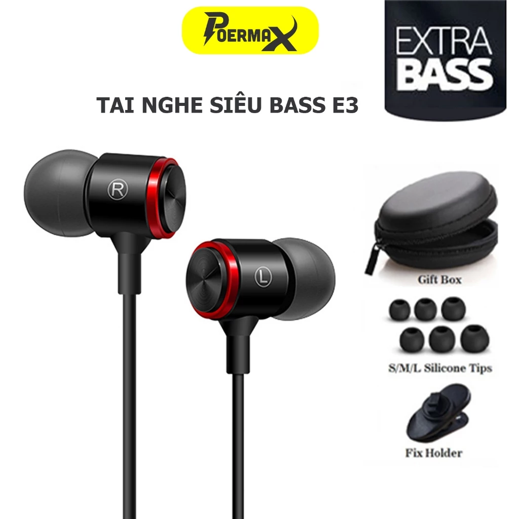 Tai nghe có dây siêu bass Poermax E3 âm thanh nổi tích hợp micro và nút điều khiển âm lượng, giắc cắm chuẩn 3.5mm