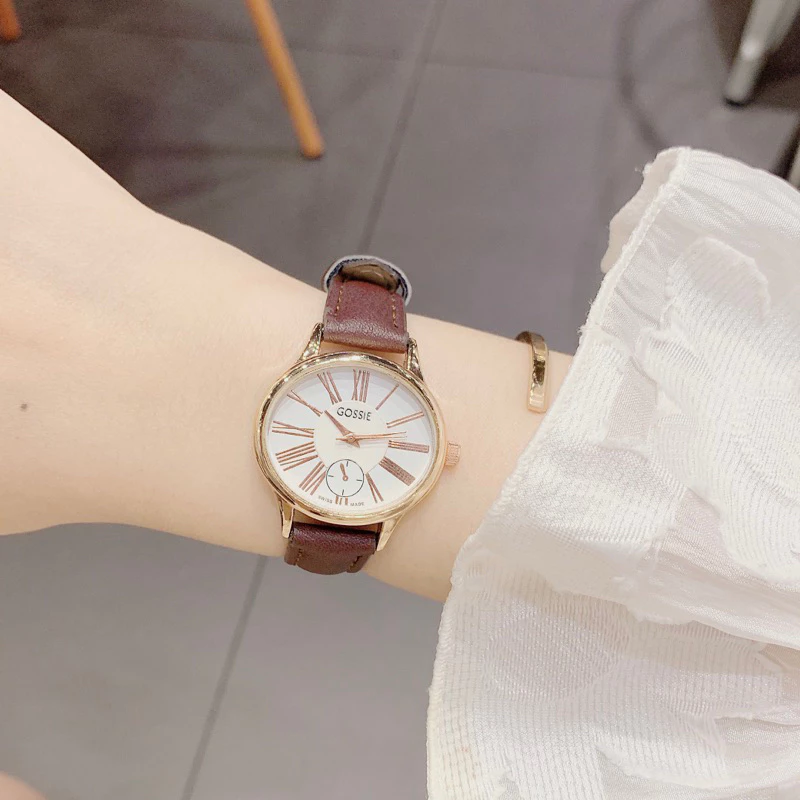 Đồng Hồ Nữ Gossie Nâu Bản Nhỏ Xinh Dây Da Mềm Mại