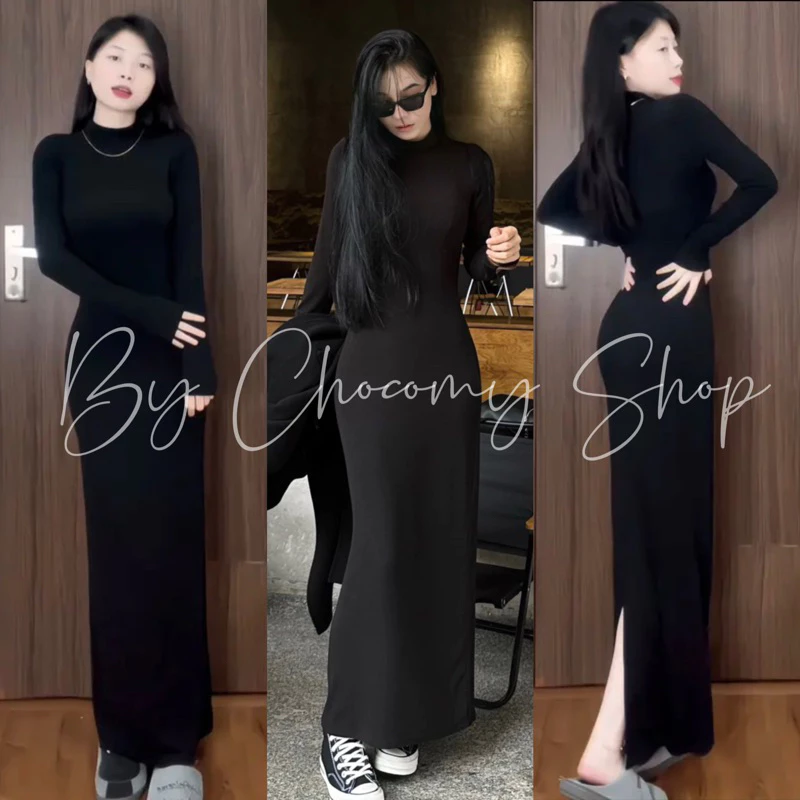 Đầm body nữ dáng dài tay dài cổ tròn cao 3 phân chất thun cotton co giãn xẻ phía sau- ChocomyShop