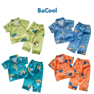 Bộ Pijama Lụa Cộc Tay Cho Bé, Đồ Ngủ Cho Bé In Hình Khủng Long Từ 7-28kg KIDSHOUSE